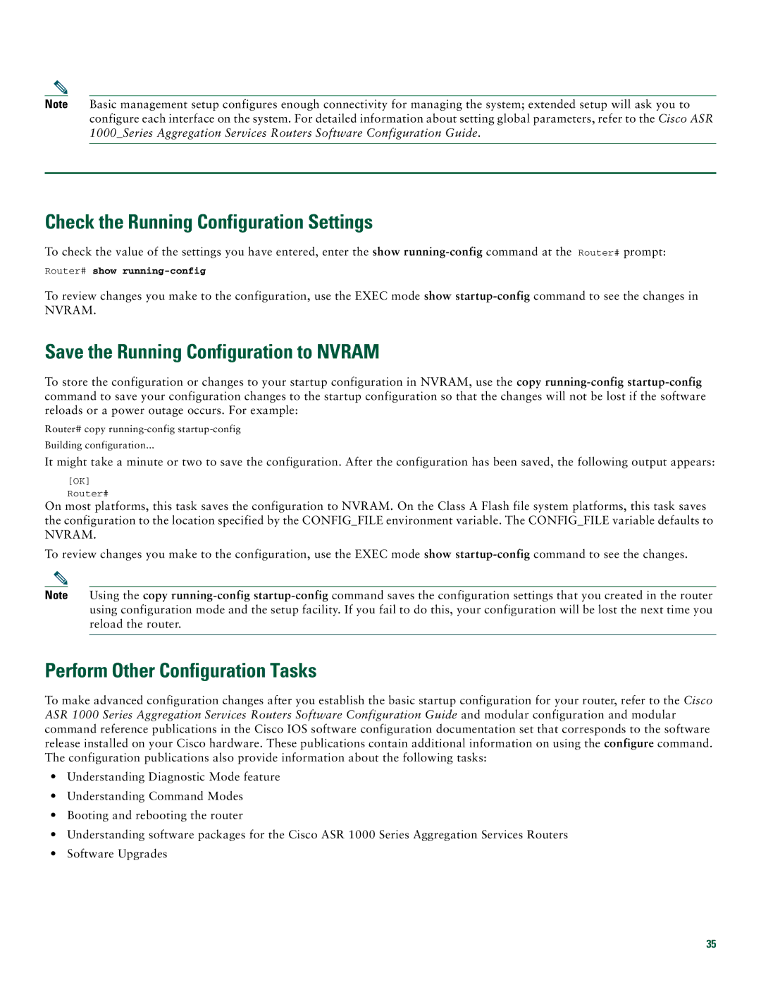 Cisco Systems Cisco ASR 1006 quick start Check the Running Configuration Settings, Save the Running Configuration to Nvram 