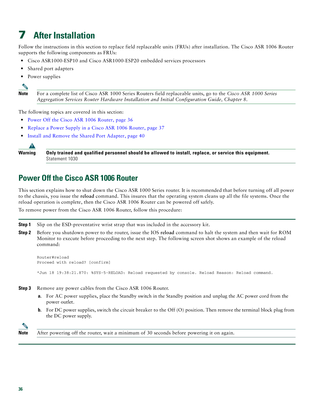 Cisco Systems quick start After Installation, Power Off the Cisco ASR 1006 Router 