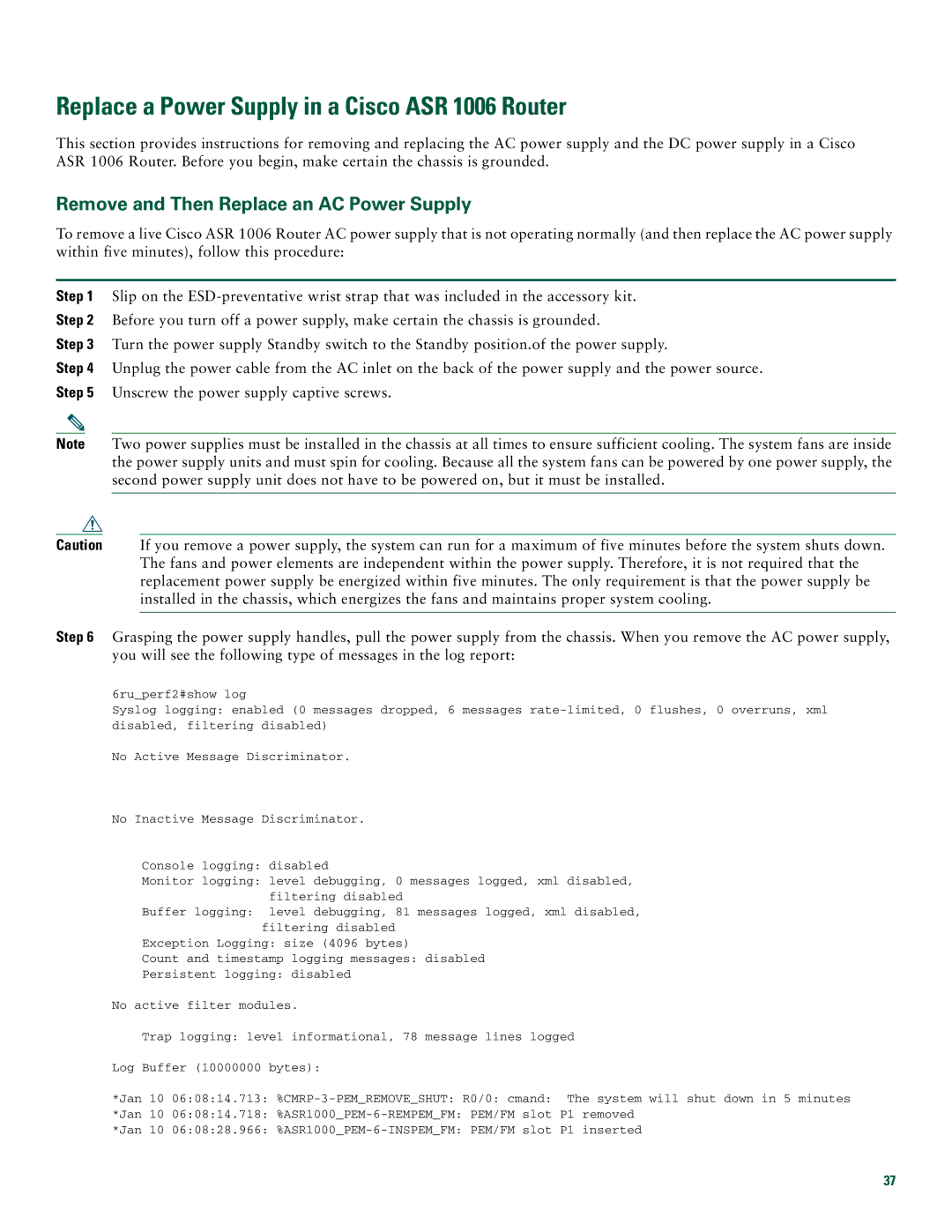 Cisco Systems quick start Replace a Power Supply in a Cisco ASR 1006 Router, Remove and Then Replace an AC Power Supply 