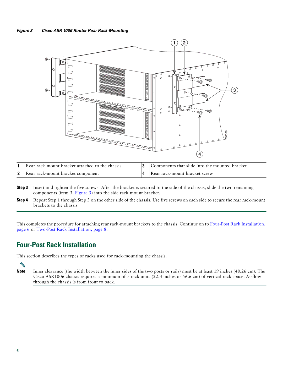 Cisco Systems quick start Four-Post Rack Installation, Cisco ASR 1006 Router Rear Rack-Mounting 