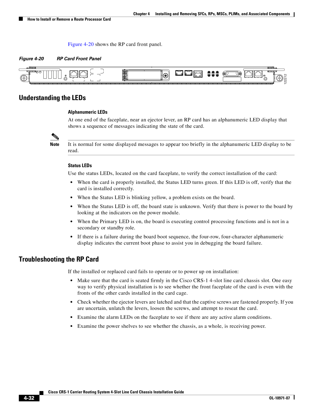 Cisco Systems Cisco CRS-1 manual Troubleshooting the RP Card, 20shows the RP card front panel 