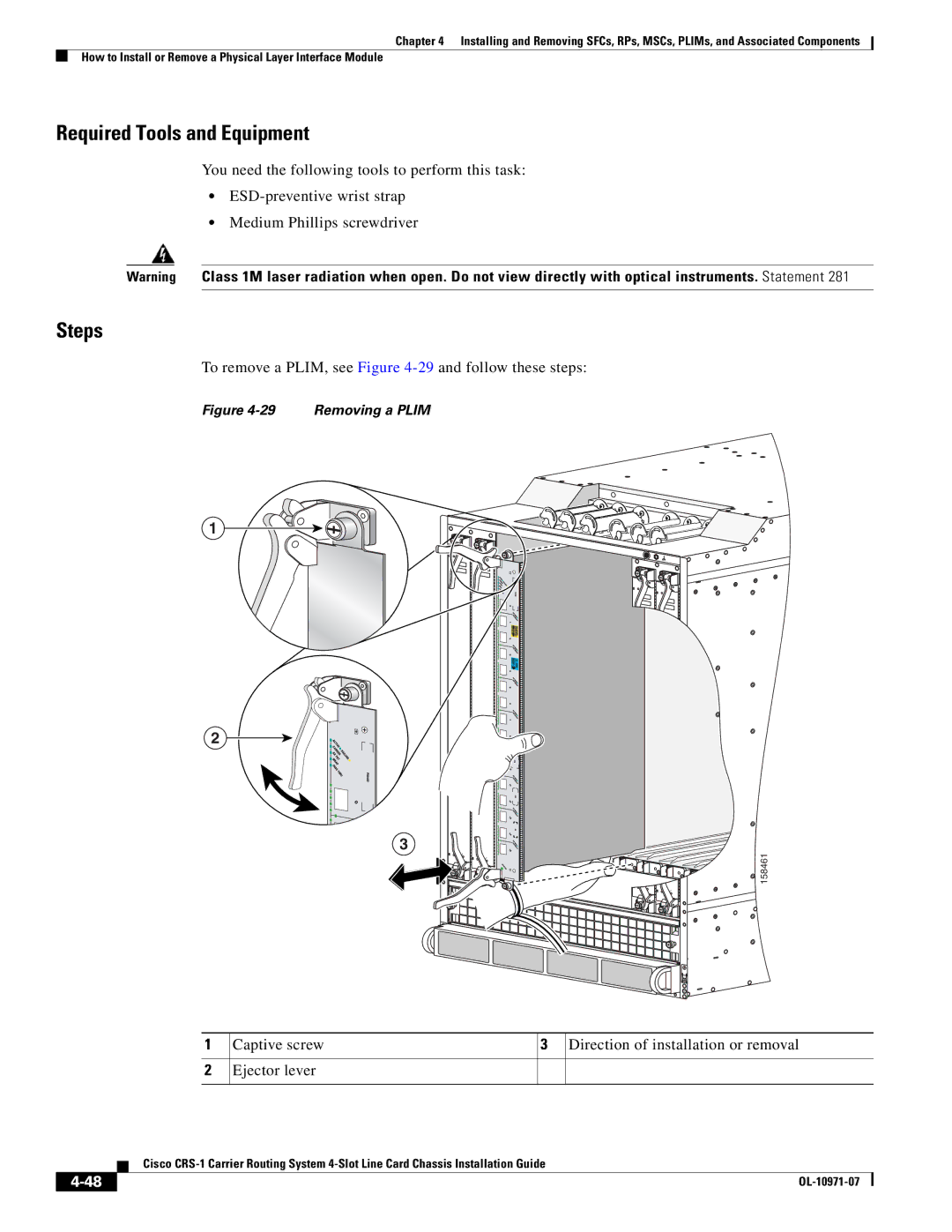 Cisco Systems Cisco CRS-1 manual To remove a PLIM, see -29and follow these steps 