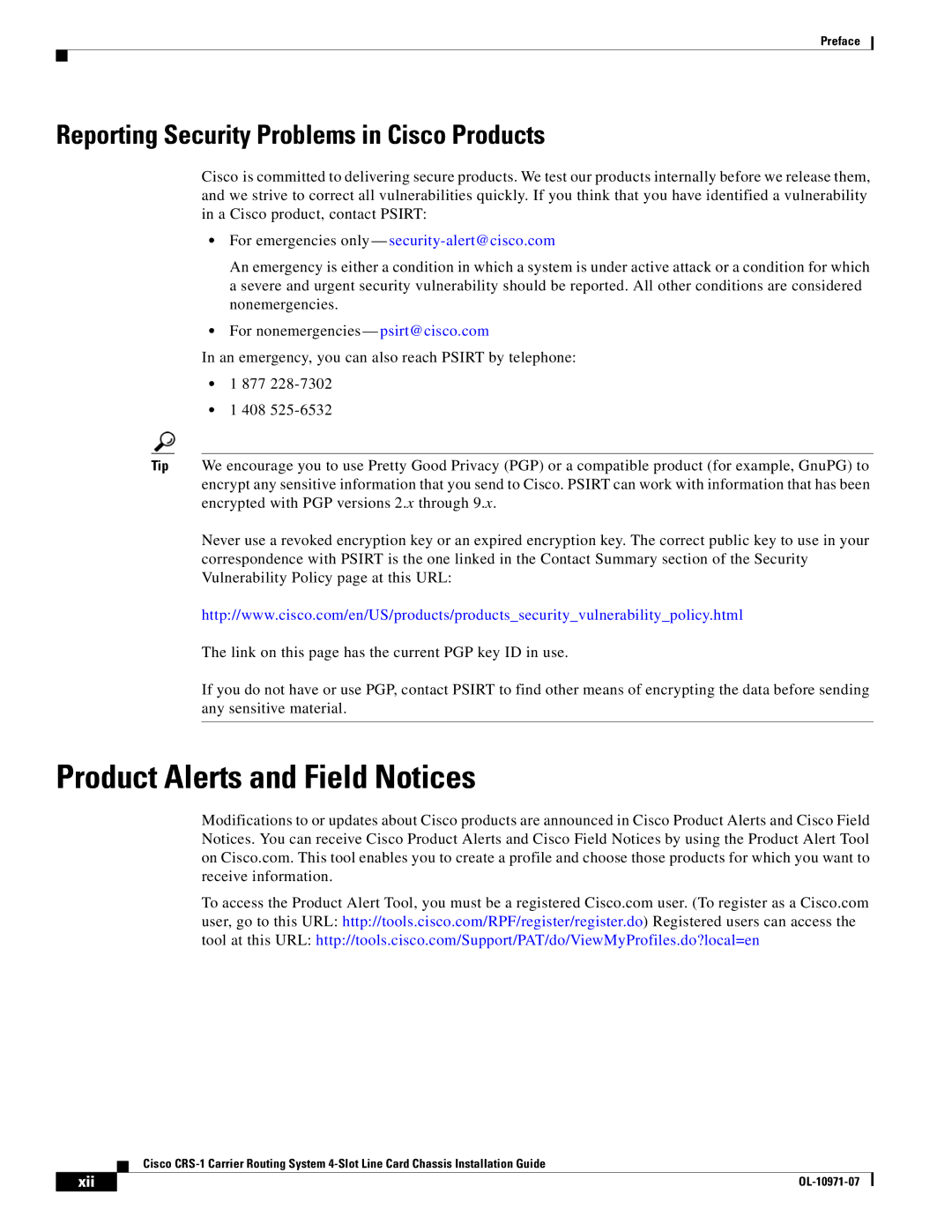 Cisco Systems Cisco CRS-1 manual Product Alerts and Field Notices, Reporting Security Problems in Cisco Products 