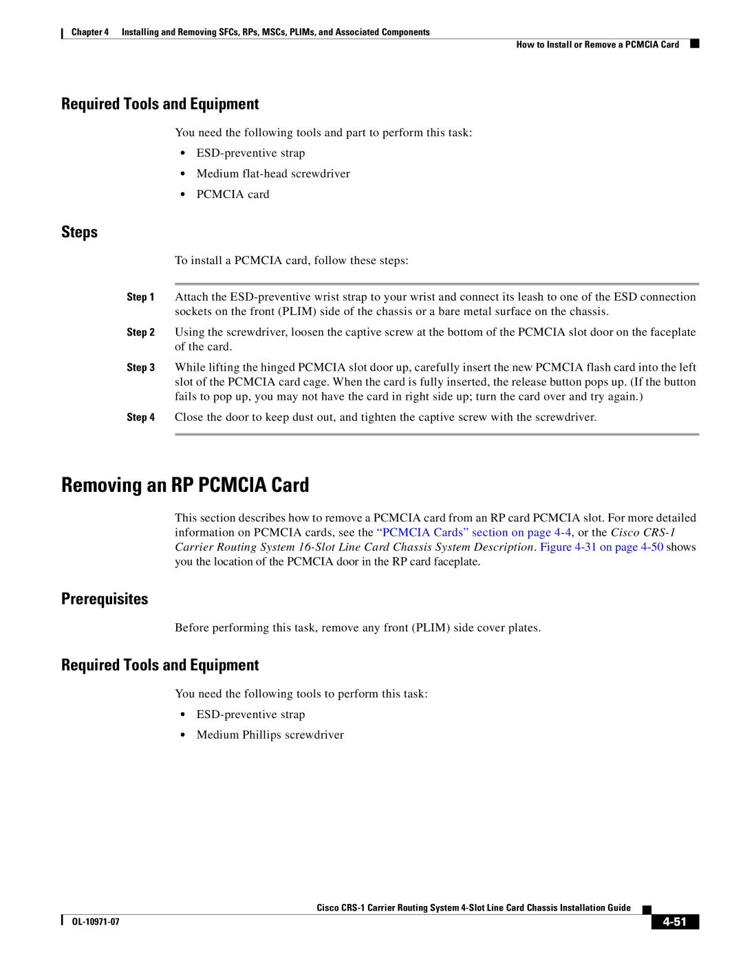 Cisco Systems Cisco CRS-1 manual Removing an RP Pcmcia Card, Required Tools and Equipment 