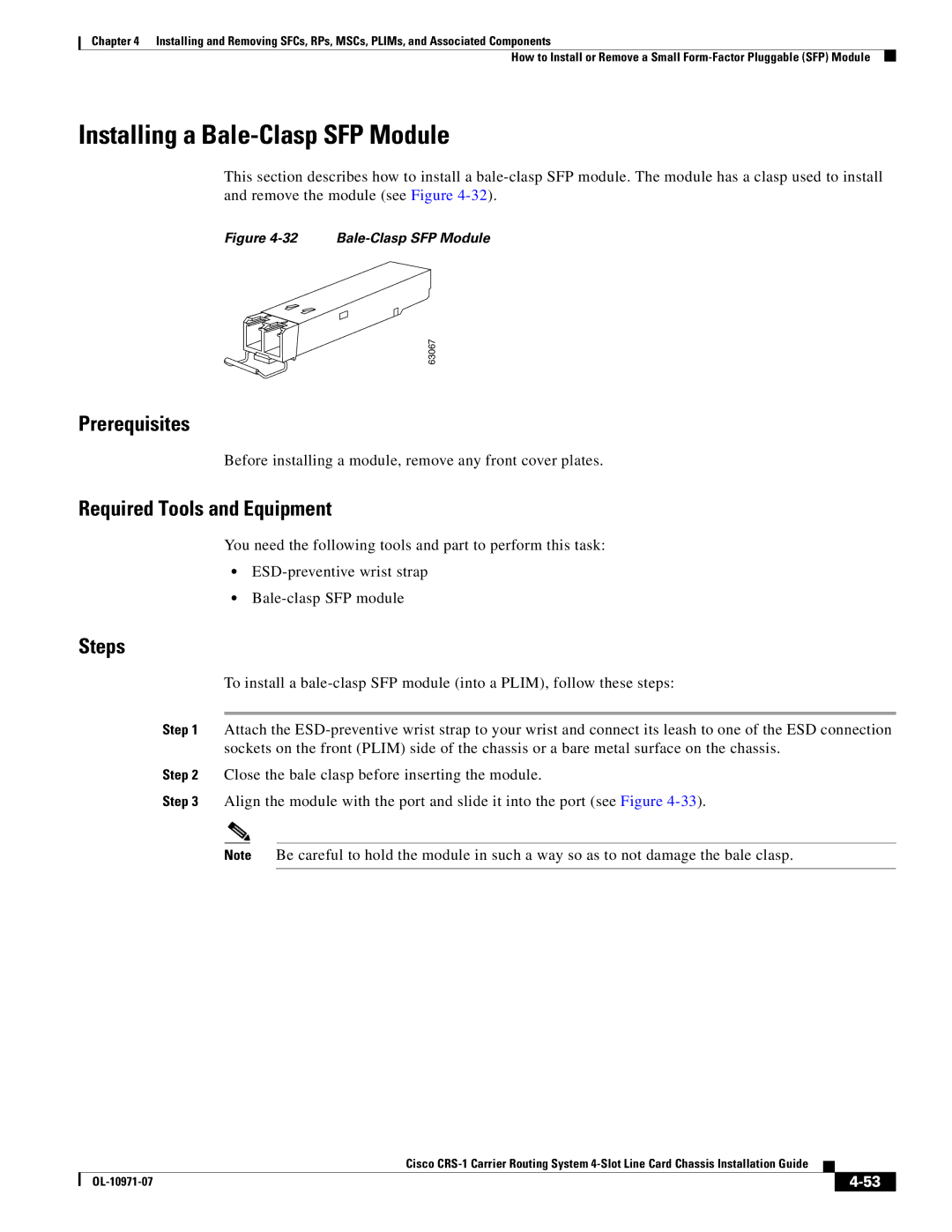 Cisco Systems Cisco CRS-1 manual Installing a Bale-Clasp SFP Module 