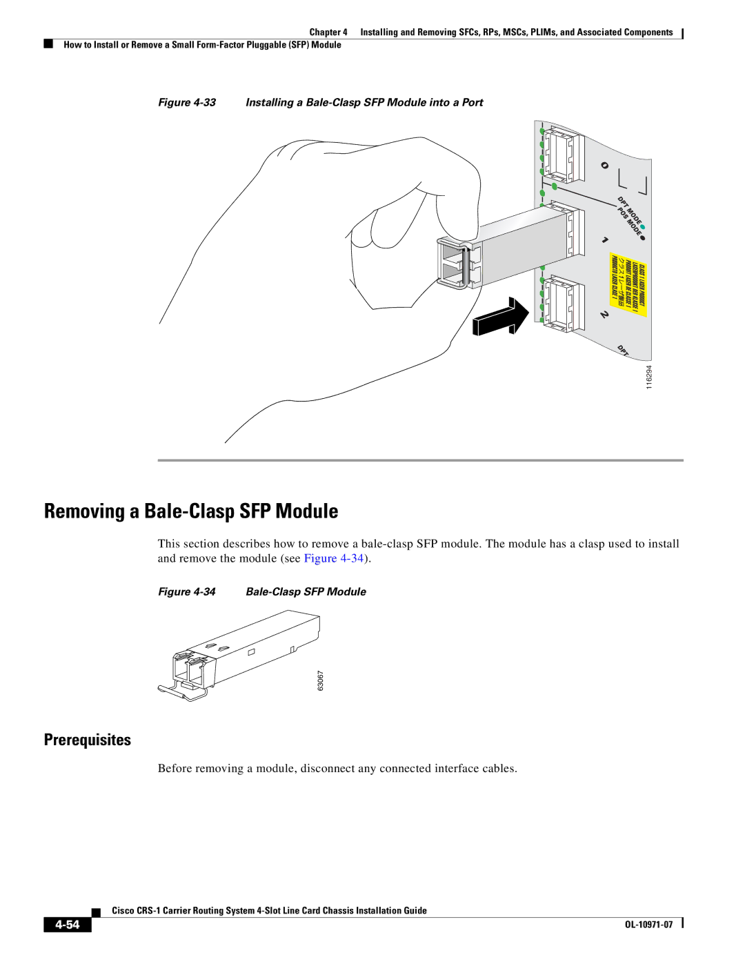 Cisco Systems Cisco CRS-1 manual Removing a Bale-Clasp SFP Module, Installing a Bale-Clasp SFP Module into a Port 