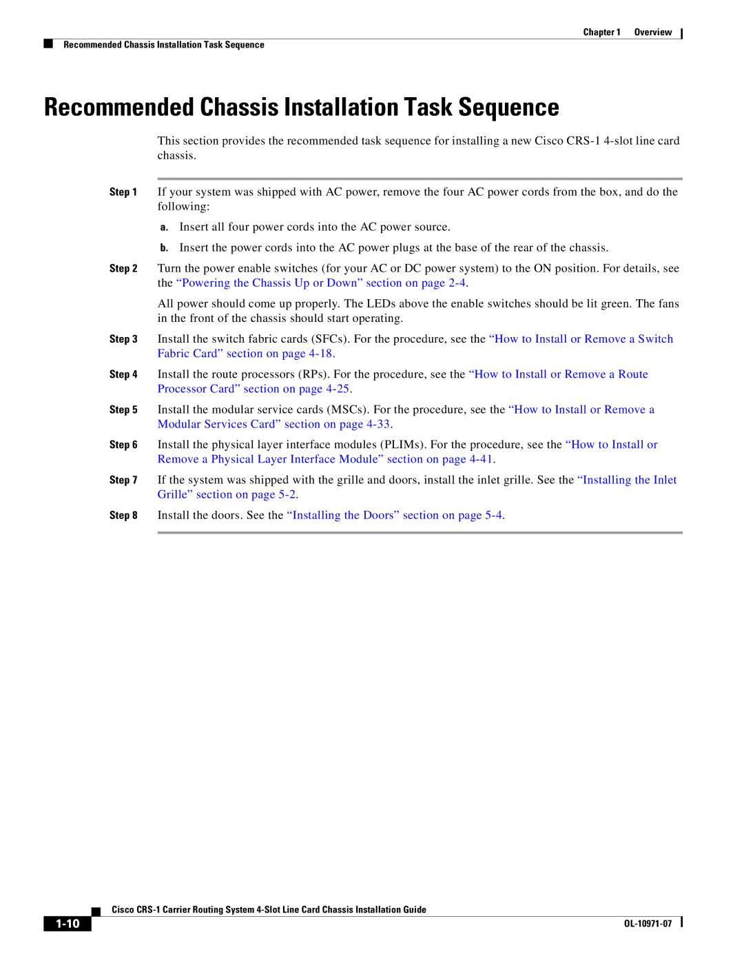 Cisco Systems Cisco CRS-1 manual Recommended Chassis Installation Task Sequence 