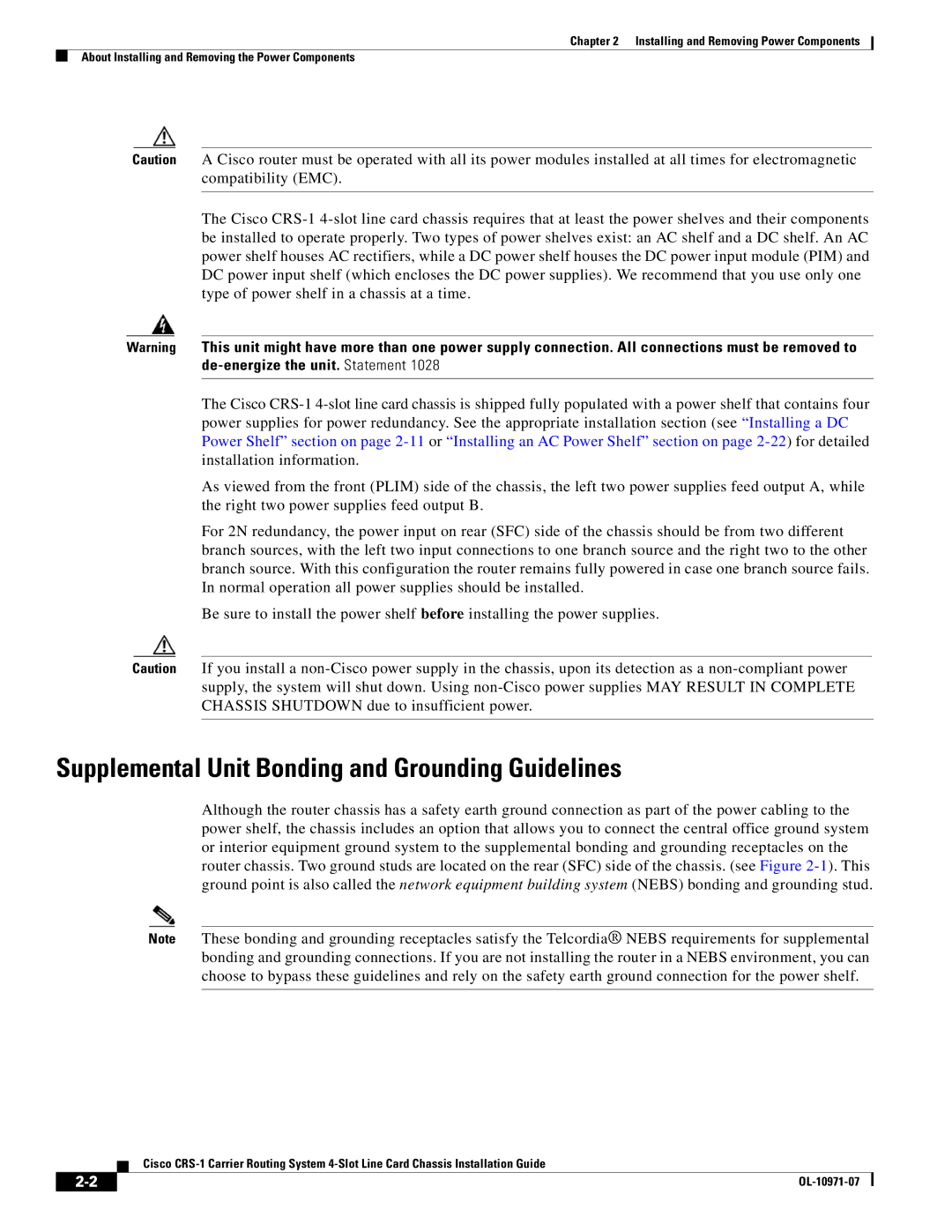 Cisco Systems Cisco CRS-1 manual Supplemental Unit Bonding and Grounding Guidelines 