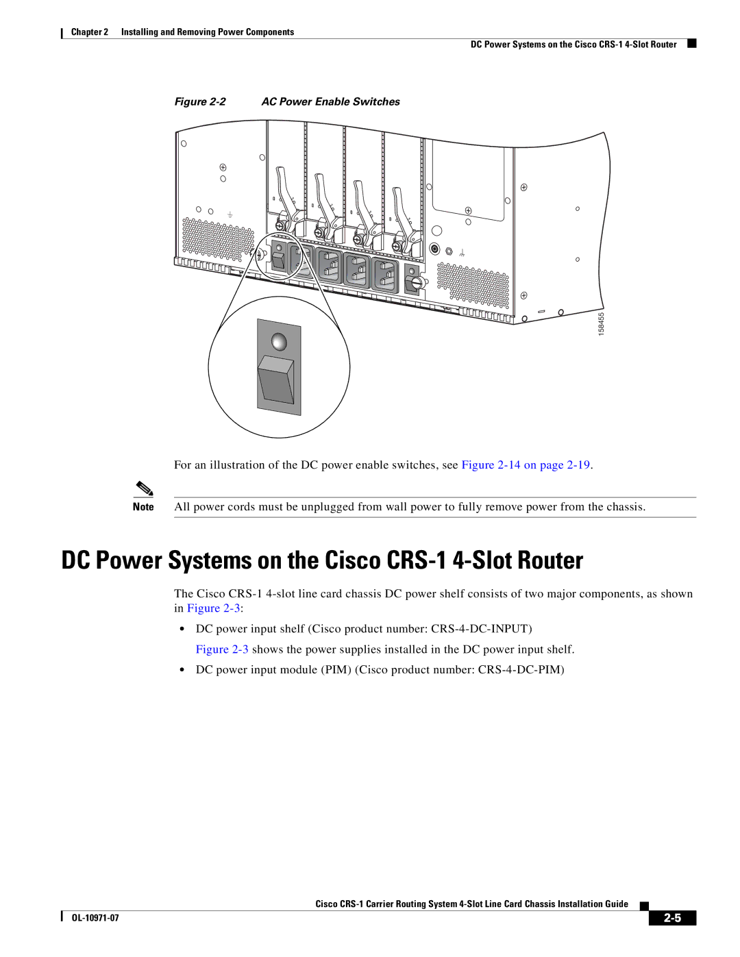 Cisco Systems manual DC Power Systems on the Cisco CRS-1 4-Slot Router, AC Power Enable Switches 