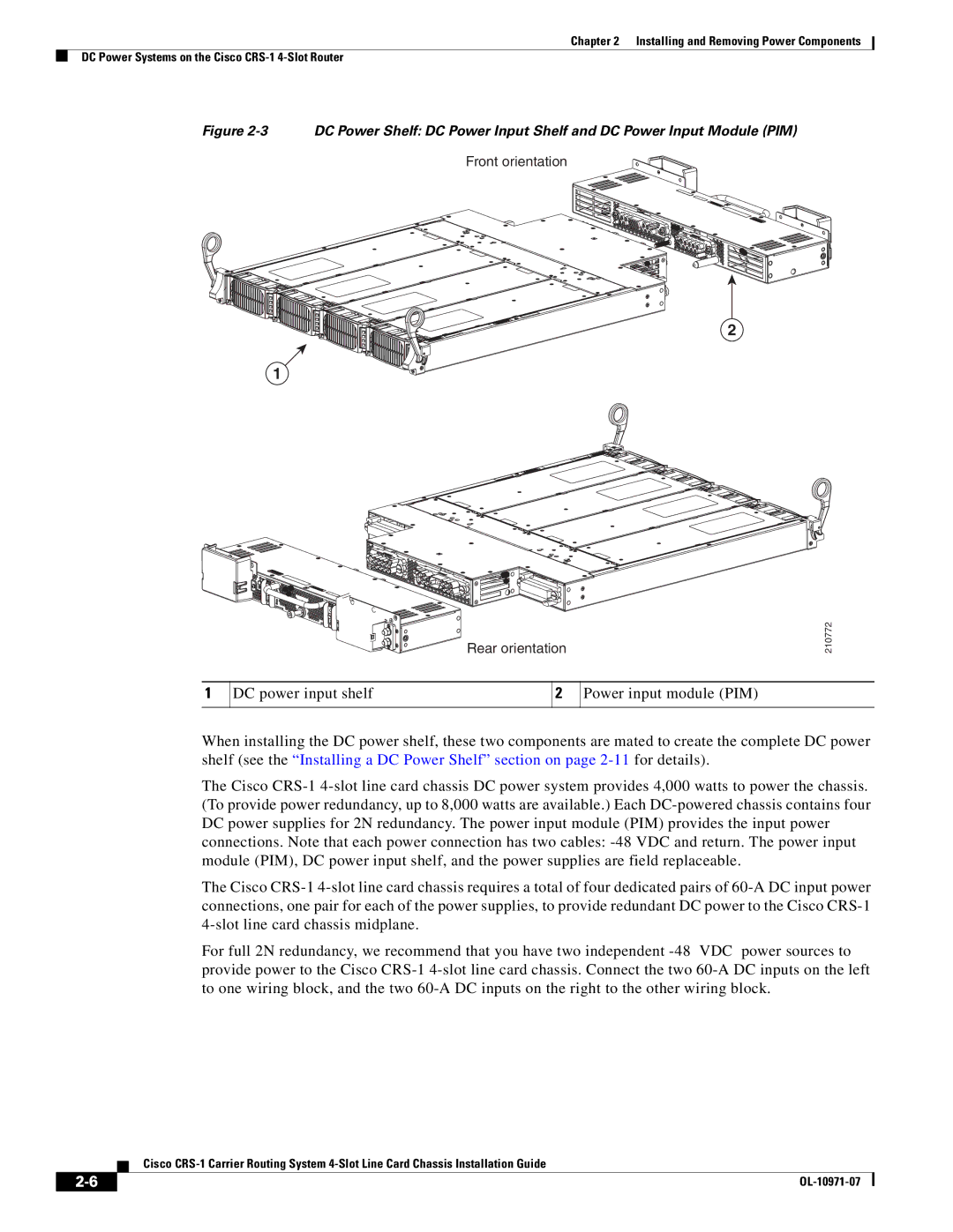 Cisco Systems Cisco CRS-1 manual DC power input shelf Power input module PIM 