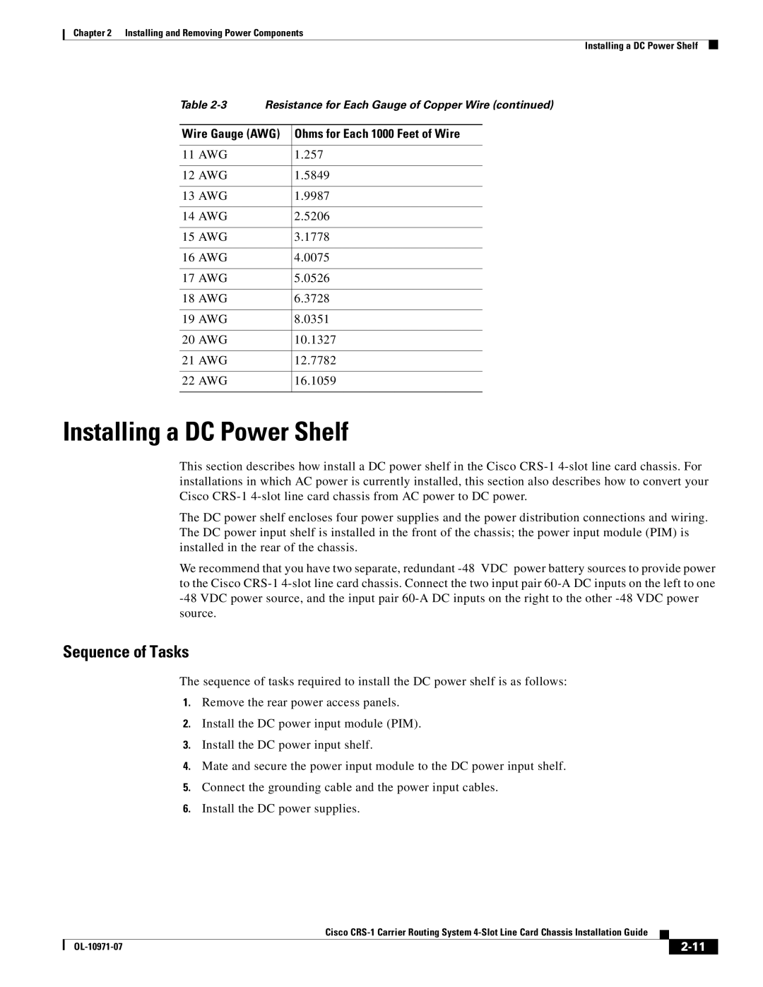 Cisco Systems Cisco CRS-1 manual Installing a DC Power Shelf, Sequence of Tasks, Ohms for Each 1000 Feet of Wire 