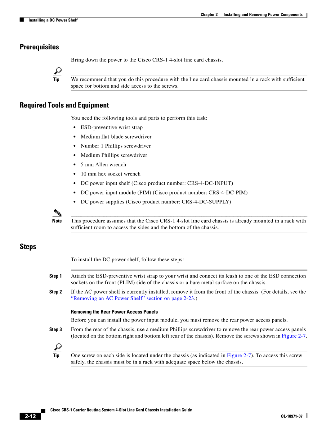 Cisco Systems Cisco CRS-1 manual Prerequisites, Required Tools and Equipment, Steps, Removing the Rear Power Access Panels 