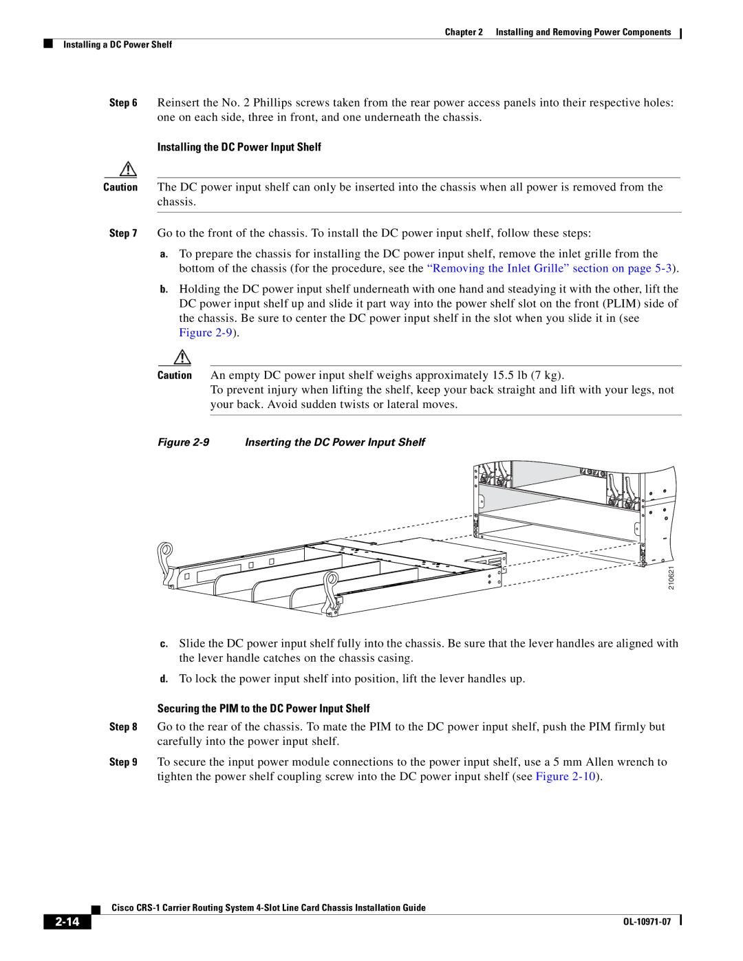 Cisco Systems Cisco CRS-1 manual Installing the DC Power Input Shelf, Securing the PIM to the DC Power Input Shelf 