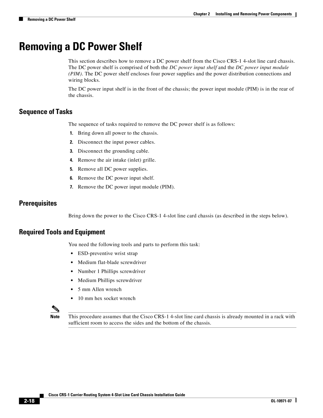 Cisco Systems Cisco CRS-1 manual Removing a DC Power Shelf, Sequence of Tasks 