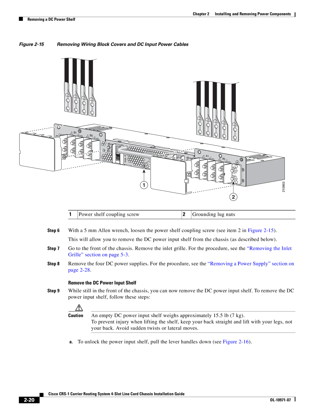 Cisco Systems Cisco CRS-1 manual Remove the DC Power Input Shelf, Removing Wiring Block Covers and DC Input Power Cables 