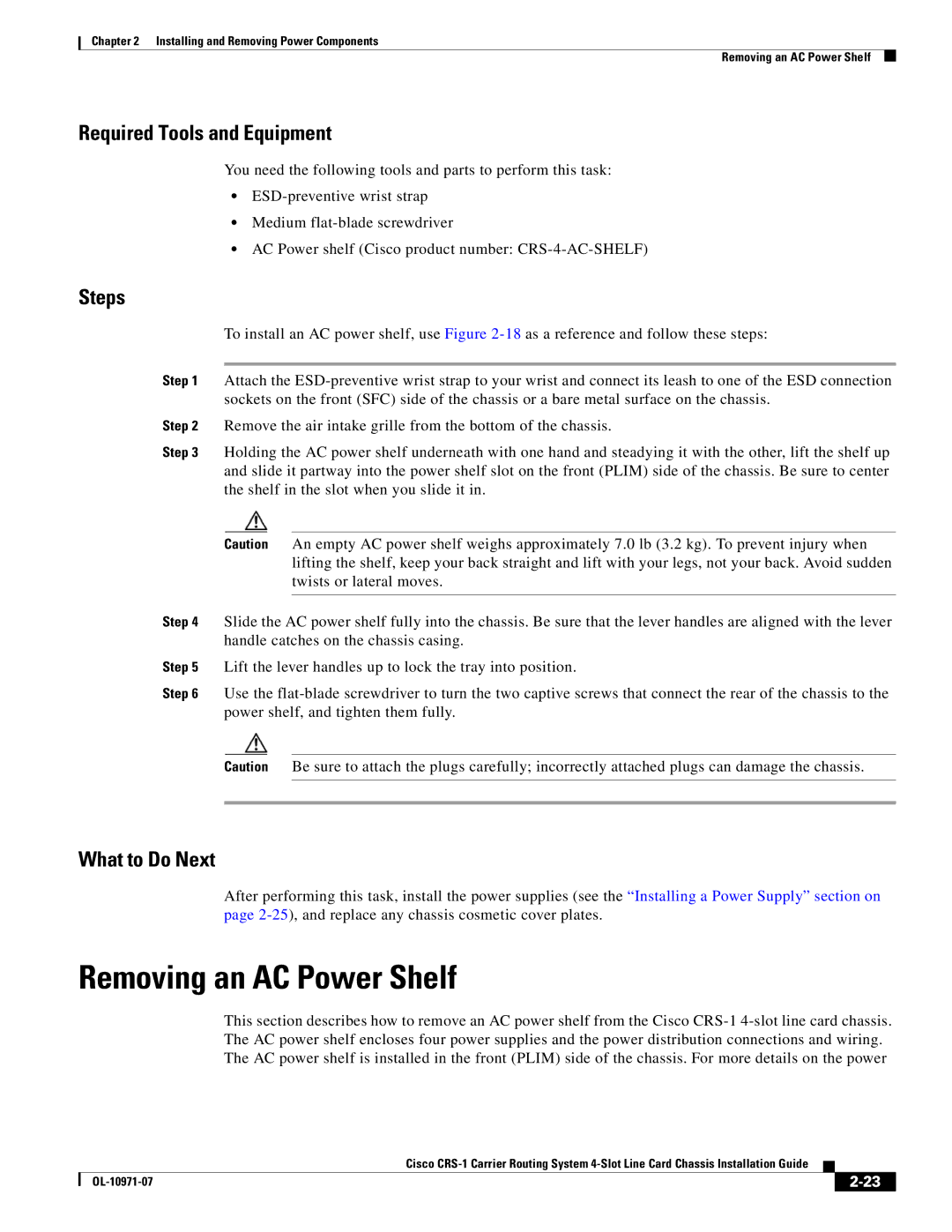 Cisco Systems Cisco CRS-1 manual Removing an AC Power Shelf, What to Do Next 