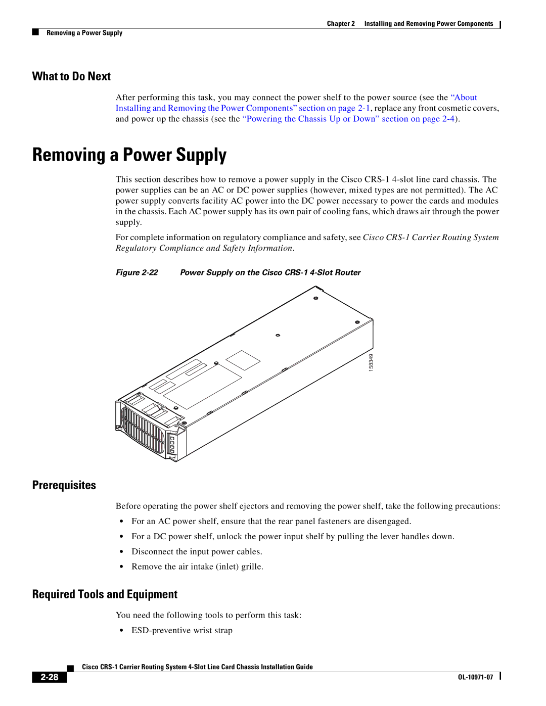 Cisco Systems manual Removing a Power Supply, Power Supply on the Cisco CRS-1 4-Slot Router 