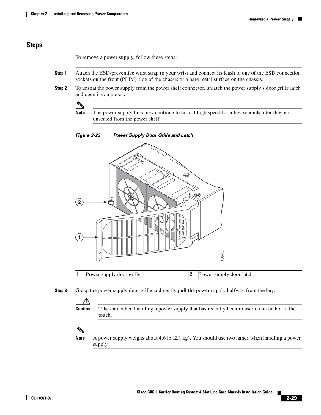 Cisco Systems Cisco CRS-1 manual Power Supply Door Grille and Latch 