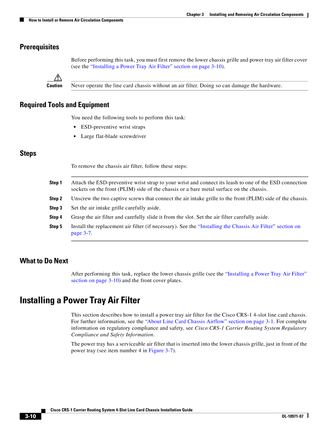 Cisco Systems Cisco CRS-1 manual Installing a Power Tray Air Filter, What to Do Next 