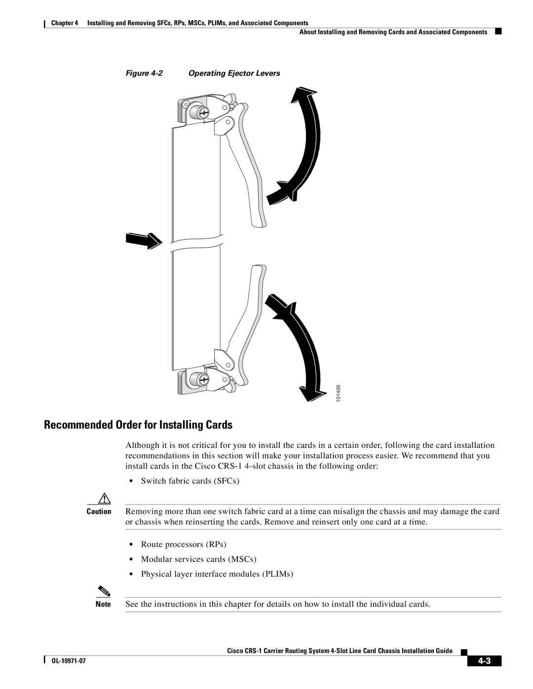 Cisco Systems Cisco CRS-1 manual Recommended Order for Installing Cards, Operating Ejector Levers 