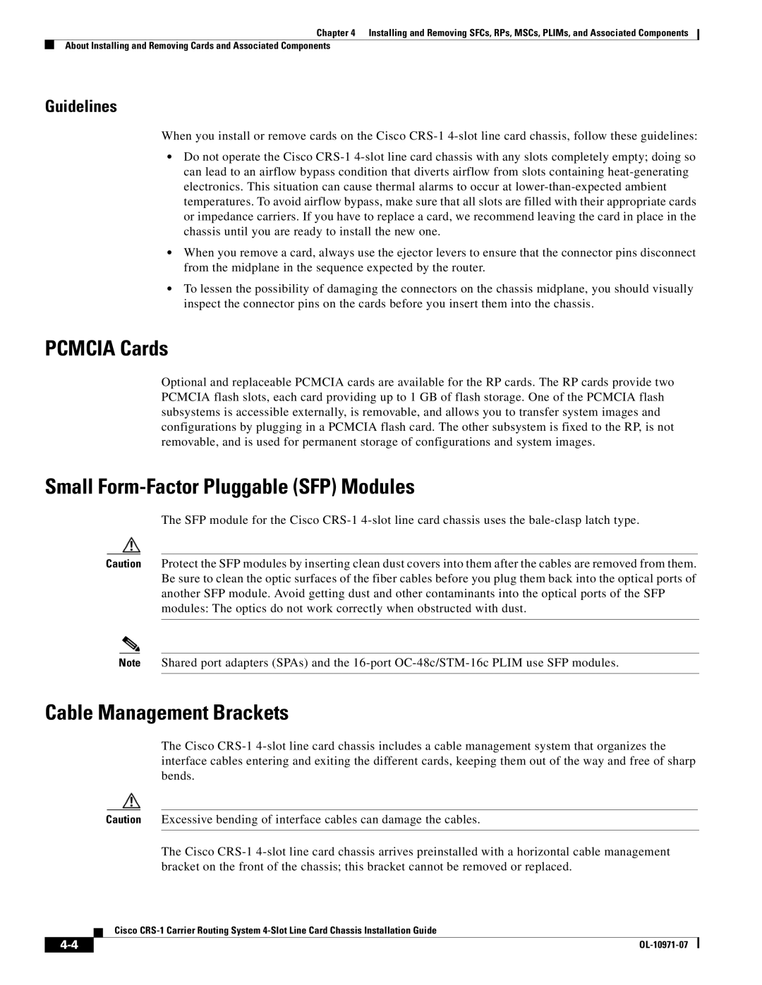 Cisco Systems Cisco CRS-1 Pcmcia Cards, Small Form-Factor Pluggable SFP Modules, Cable Management Brackets, Guidelines 