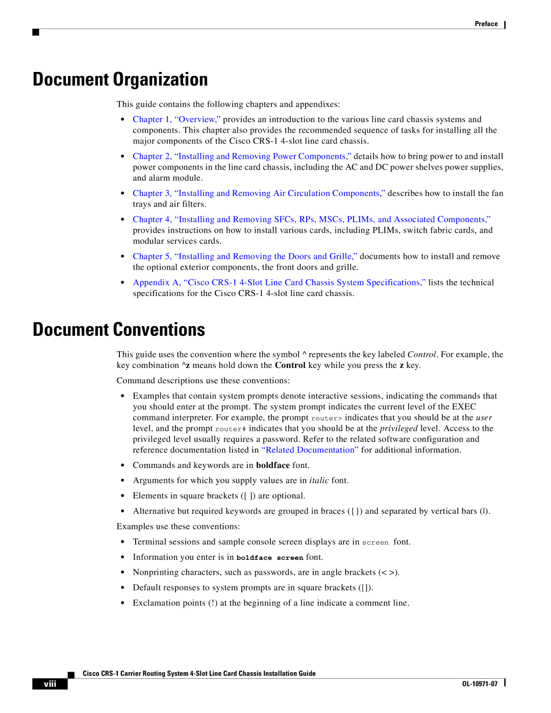 Cisco Systems Cisco CRS-1 manual Document Organization, Document Conventions 