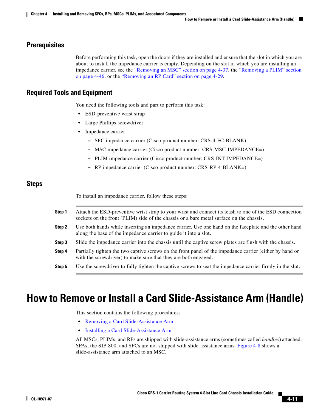 Cisco Systems Cisco CRS-1 manual How to Remove or Install a Card Slide-Assistance Arm Handle 