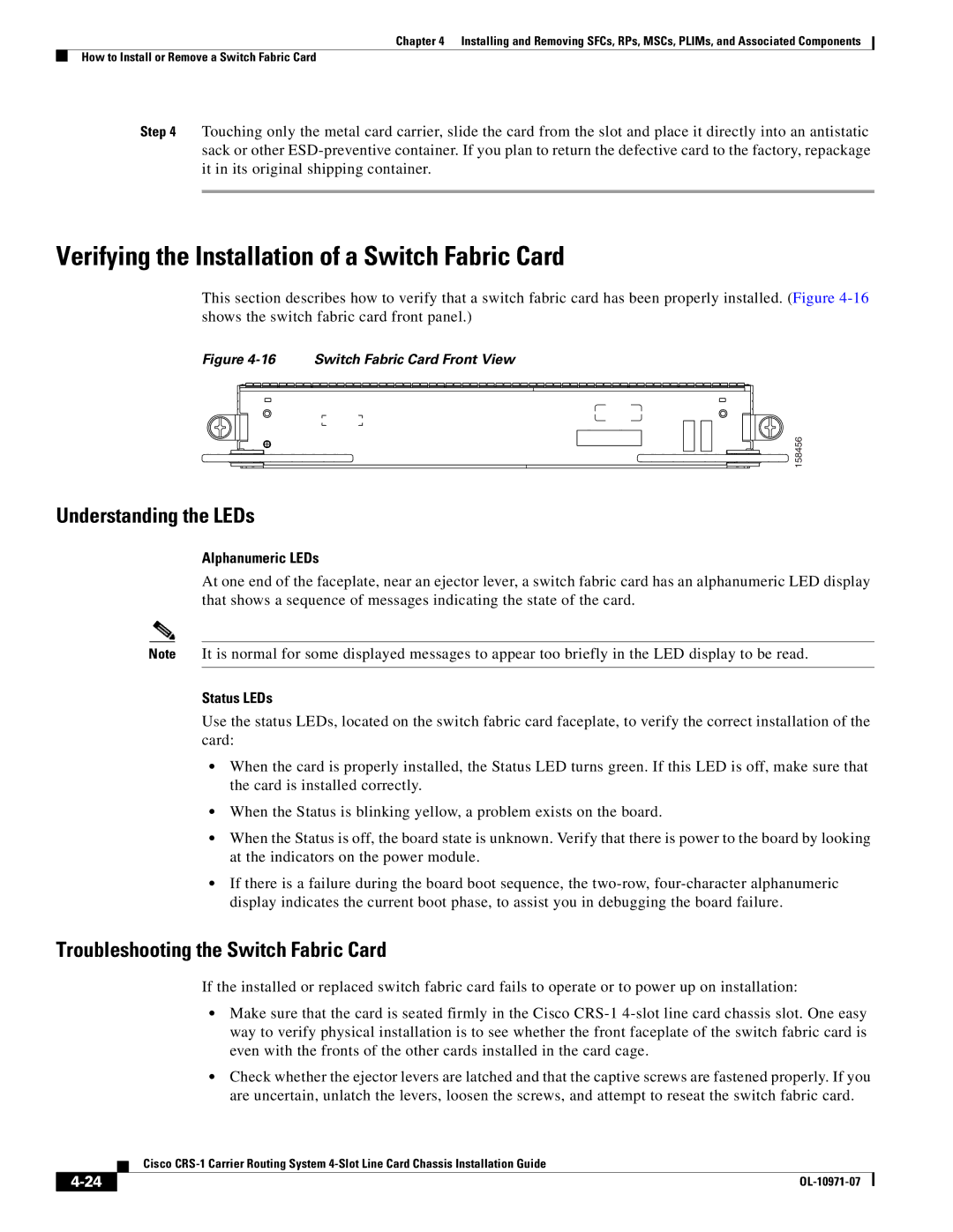 Cisco Systems Cisco CRS-1 Verifying the Installation of a Switch Fabric Card, Understanding the LEDs, Alphanumeric LEDs 