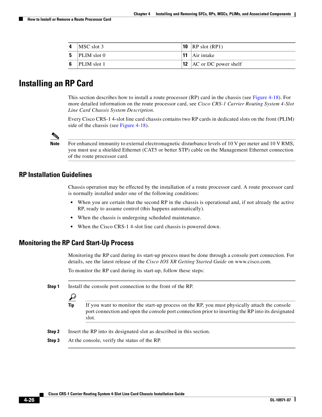 Cisco Systems Cisco CRS-1 manual Installing an RP Card, RP Installation Guidelines, Monitoring the RP Card Start-Up Process 