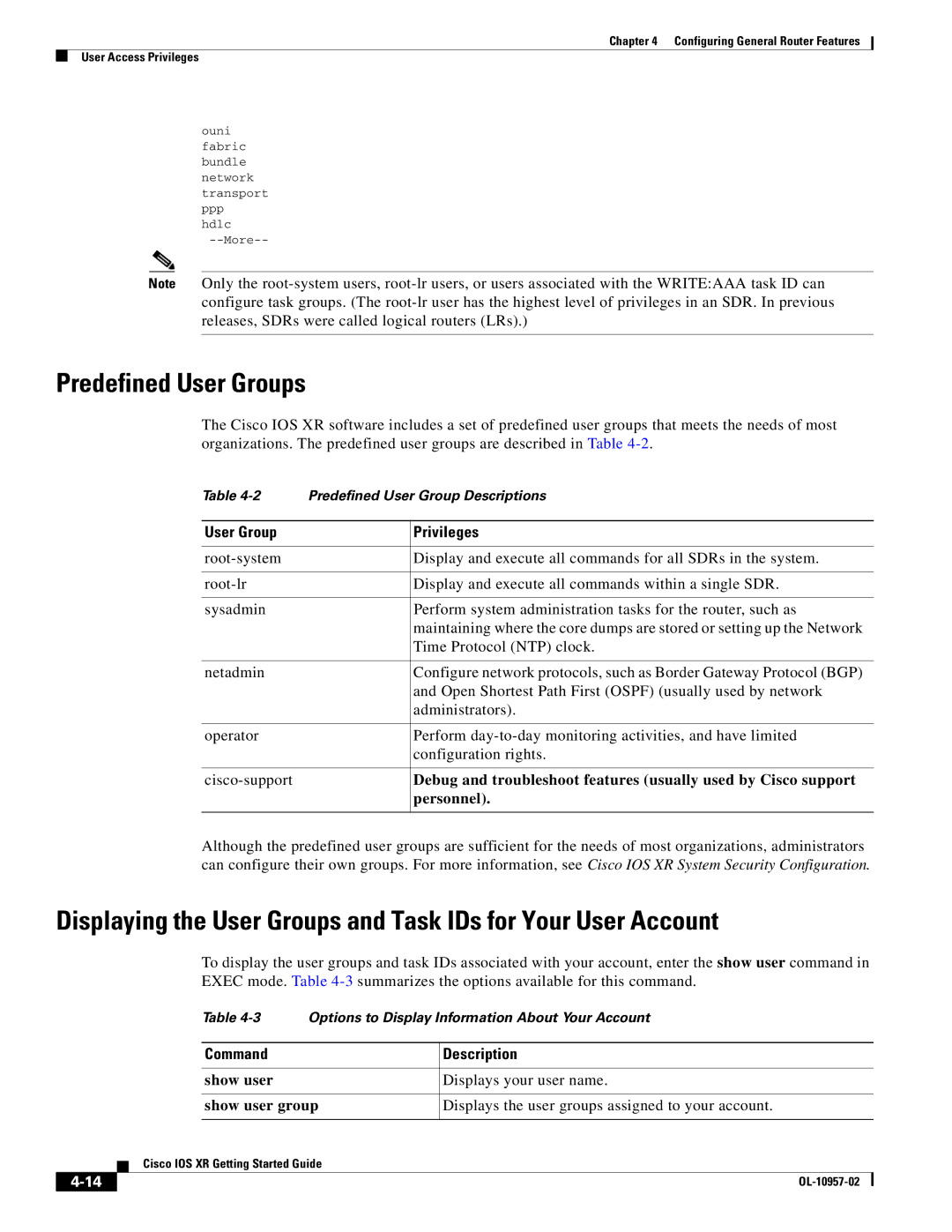 Cisco Systems Cisco IOS XR manual Predefined User Groups, User Group Privileges, Personnel, Command Description 