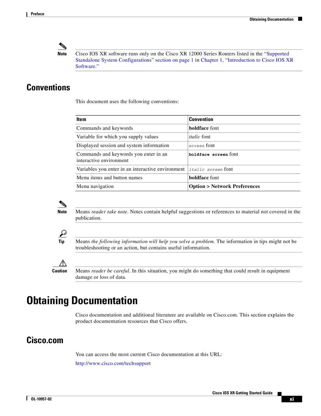 Cisco Systems Cisco IOS XR manual Obtaining Documentation, Conventions, Cisco.com 