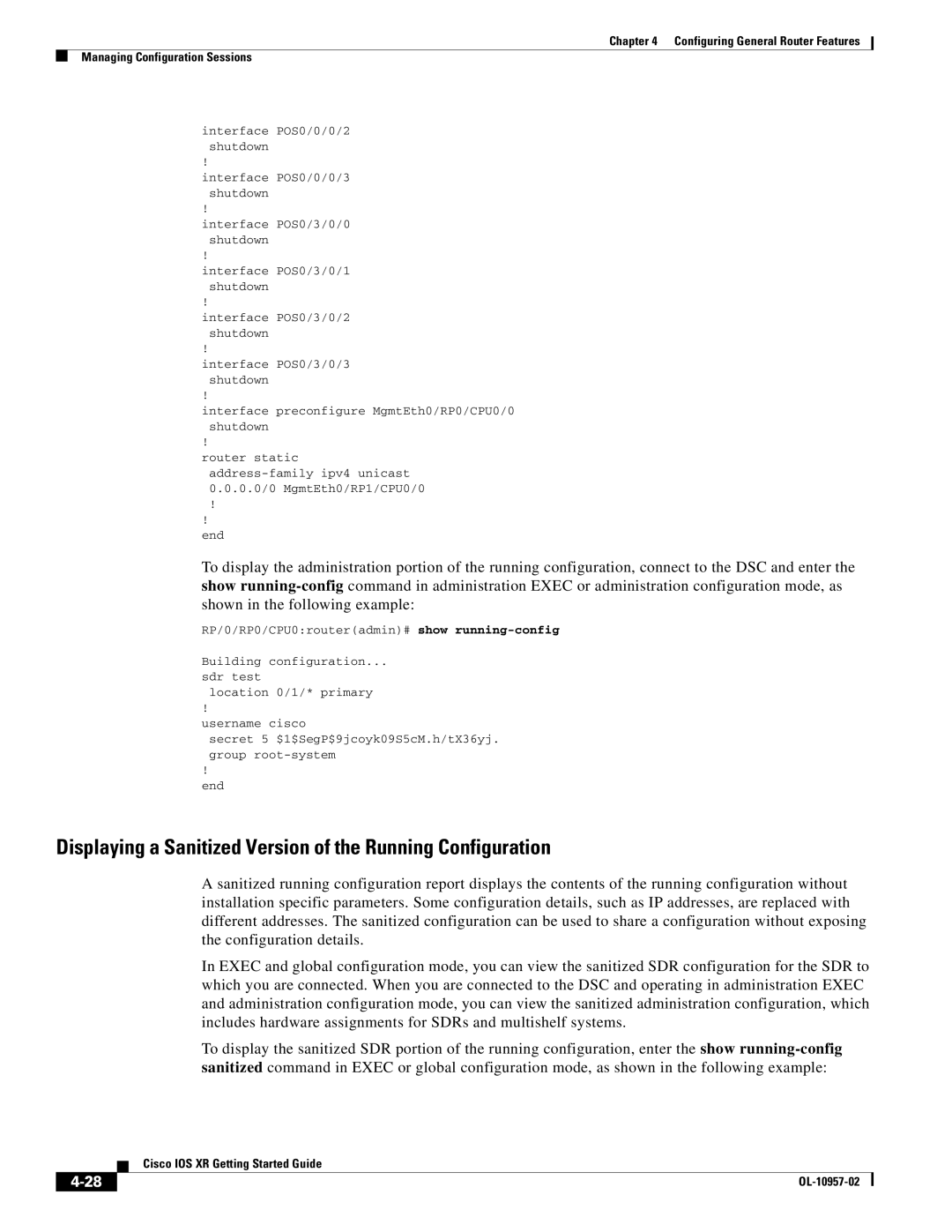 Cisco Systems Cisco IOS XR manual Displaying a Sanitized Version of the Running Configuration 