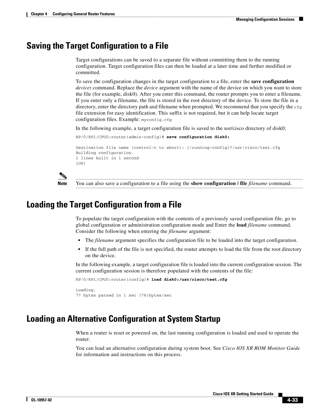 Cisco Systems Cisco IOS XR manual Saving the Target Configuration to a File, Loading the Target Configuration from a File 