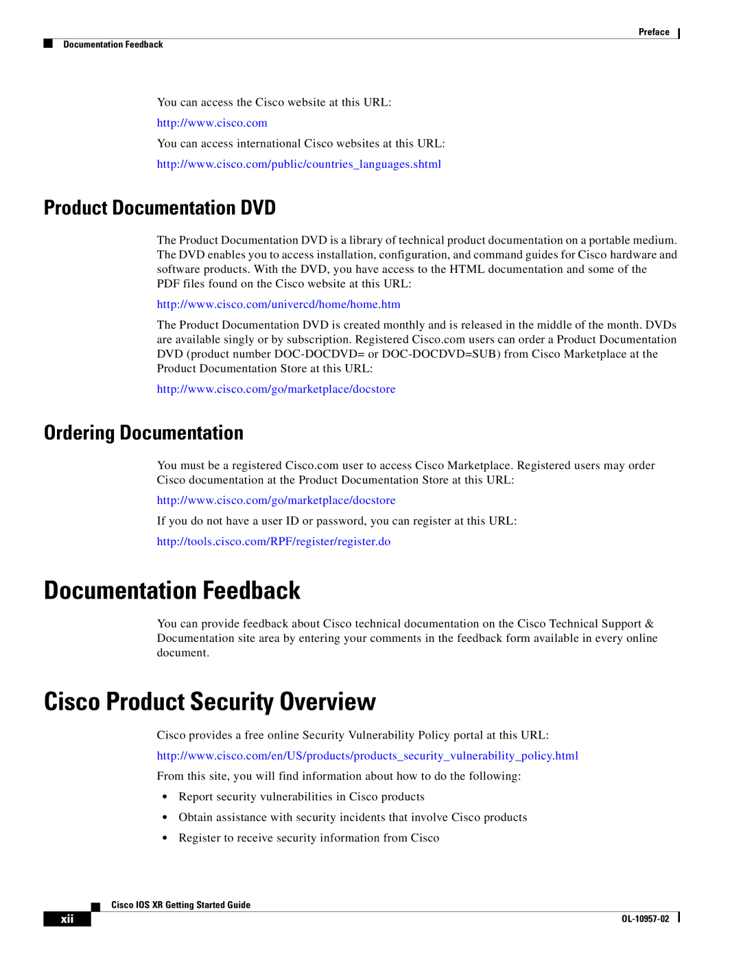 Cisco Systems Cisco IOS XR manual Documentation Feedback, Cisco Product Security Overview, Xii 