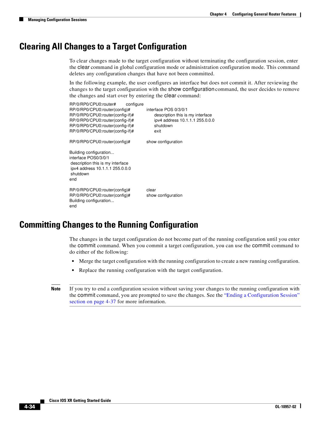 Cisco Systems Cisco IOS XR Clearing All Changes to a Target Configuration, Committing Changes to the Running Configuration 