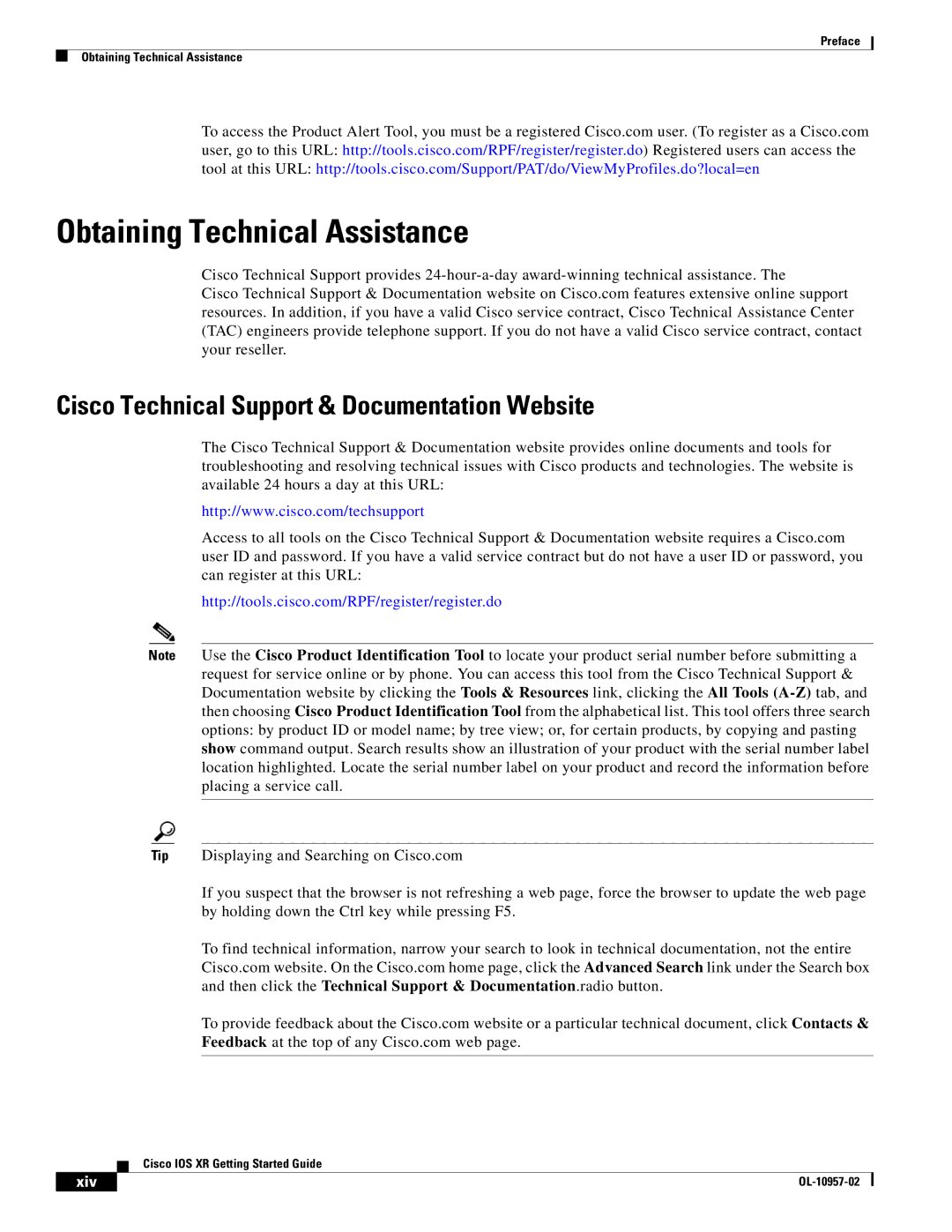 Cisco Systems Cisco IOS XR manual Obtaining Technical Assistance, Cisco Technical Support & Documentation Website, Xiv 