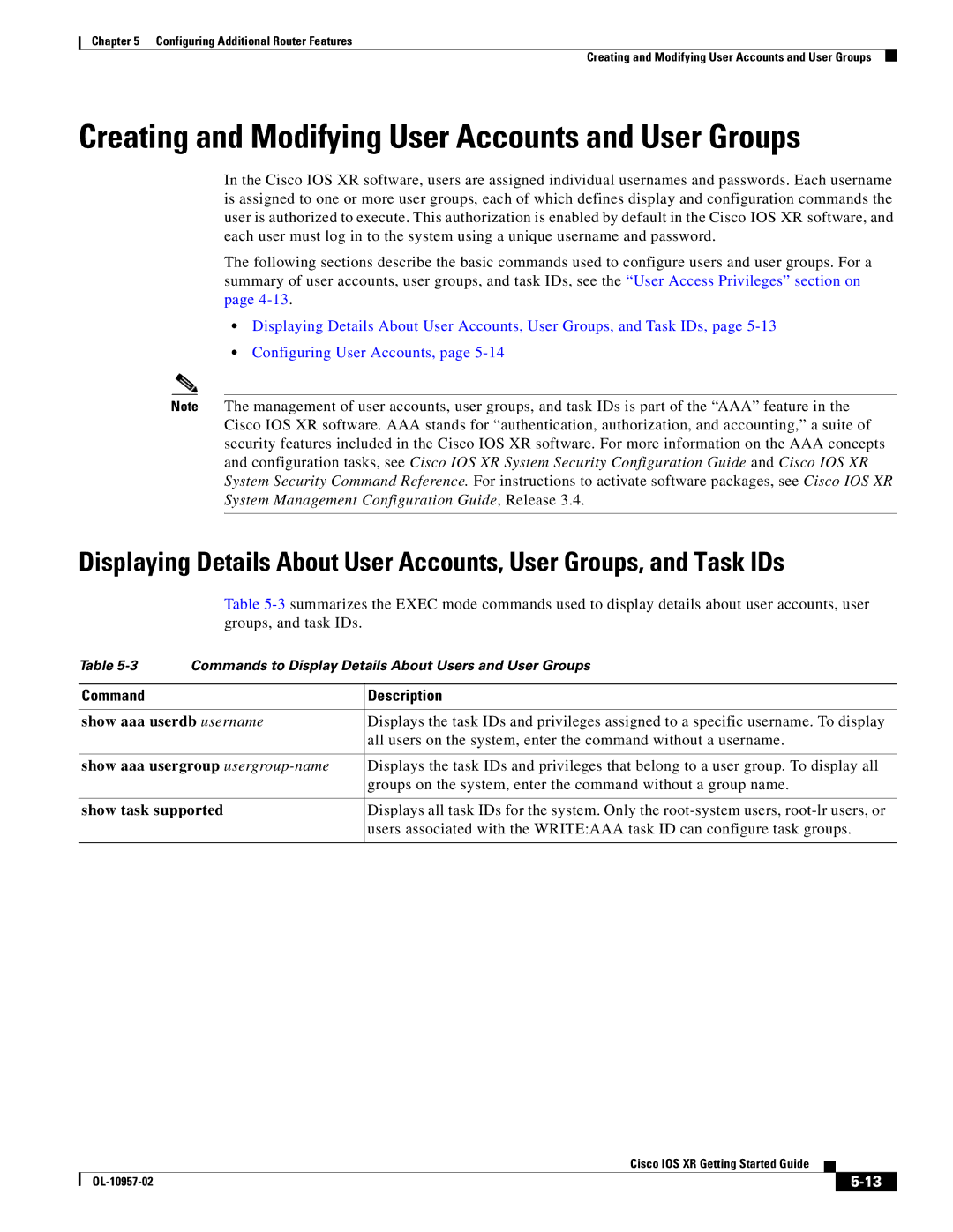 Cisco Systems Cisco IOS XR manual Creating and Modifying User Accounts and User Groups 