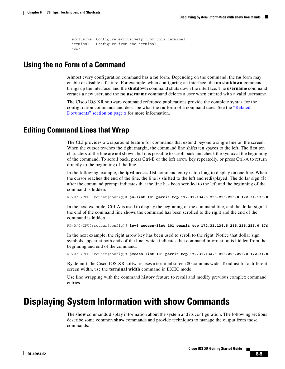 Cisco Systems Cisco IOS XR manual Displaying System Information with show Commands, Using the no Form of a Command 