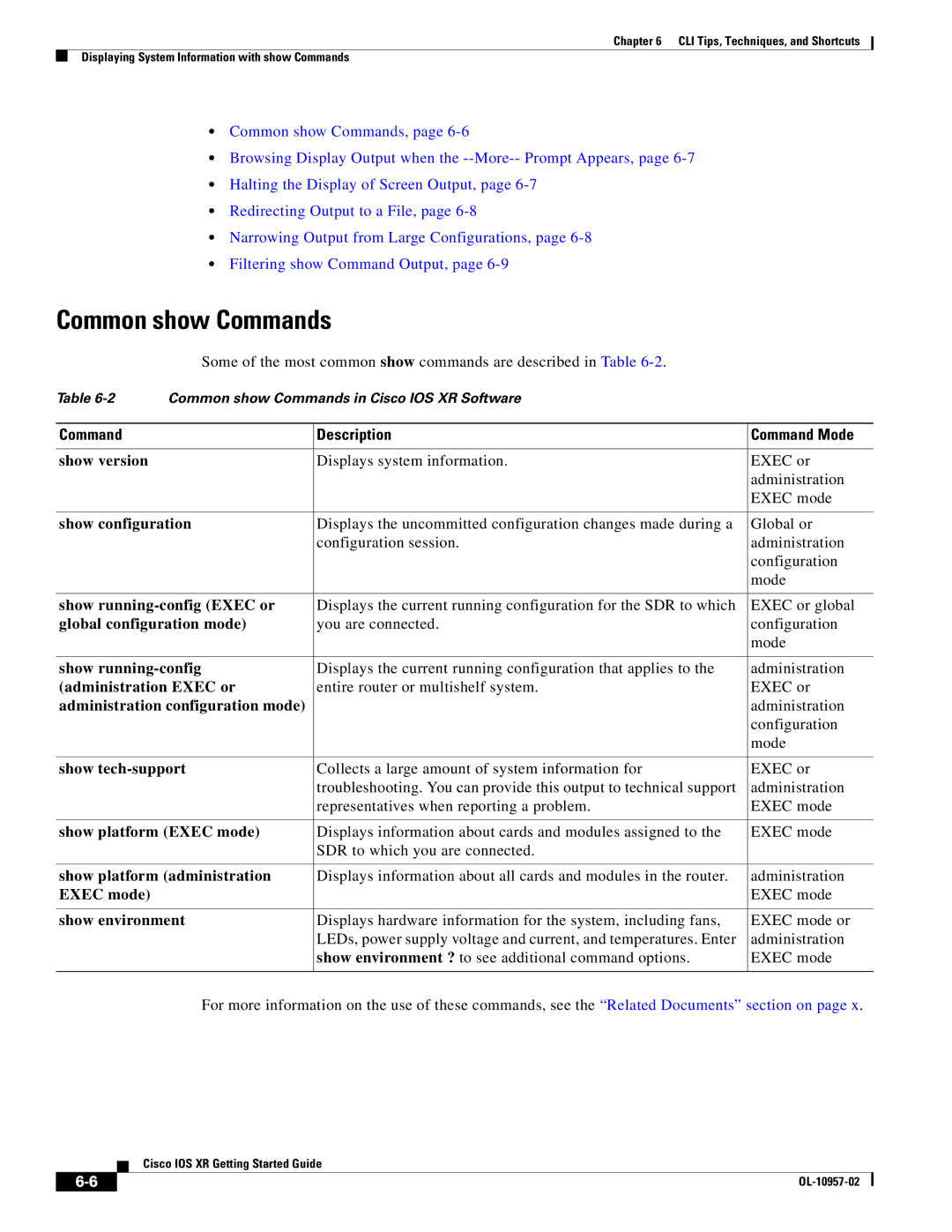 Cisco Systems Cisco IOS XR manual Common show Commands, Command Description Command Mode 