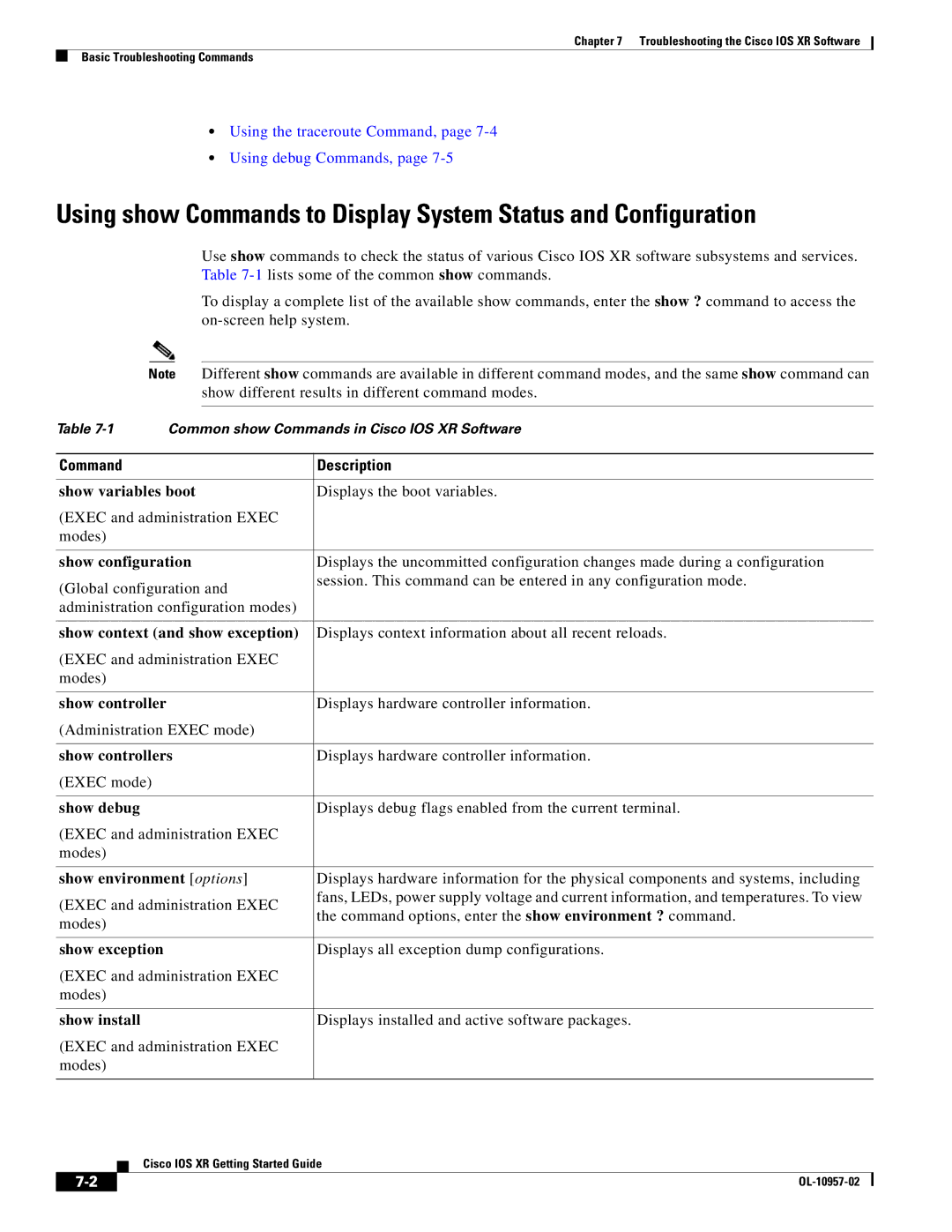 Cisco Systems Cisco IOS XR manual Show variables boot, Show context and show exception, Show controllers, Show debug 