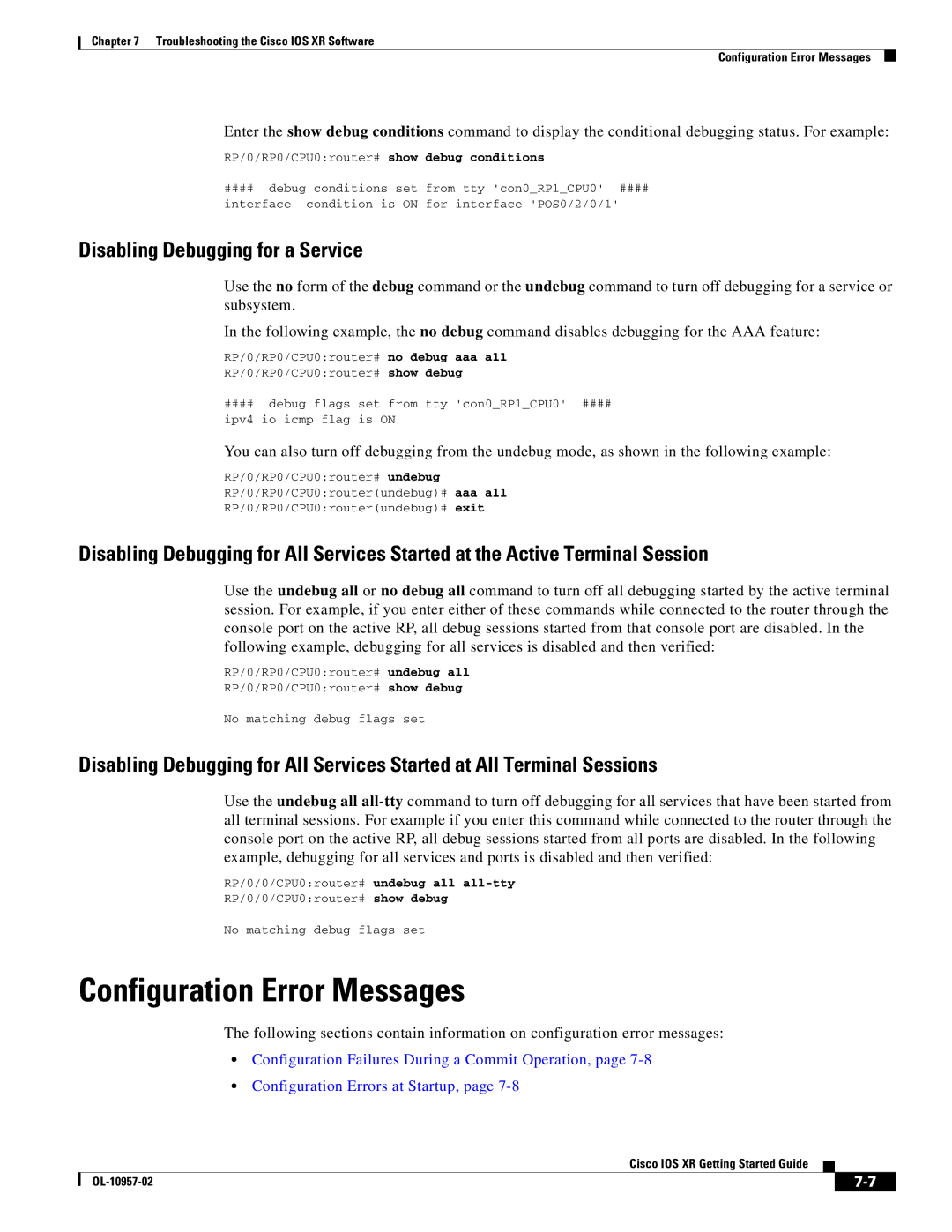 Cisco Systems Cisco IOS XR manual Configuration Error Messages, Disabling Debugging for a Service 