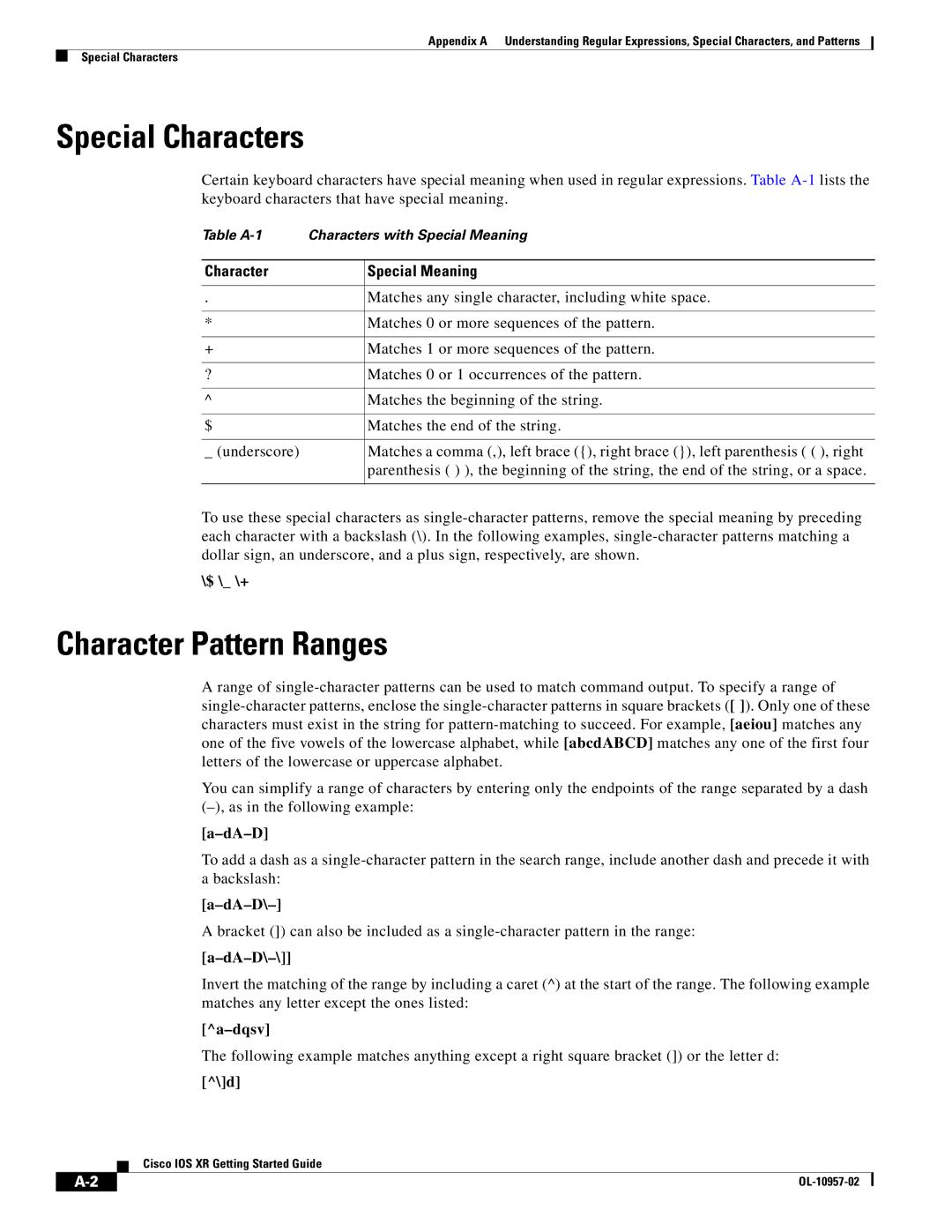 Cisco Systems Cisco IOS XR manual Special Characters, Character Pattern Ranges, Character Special Meaning 