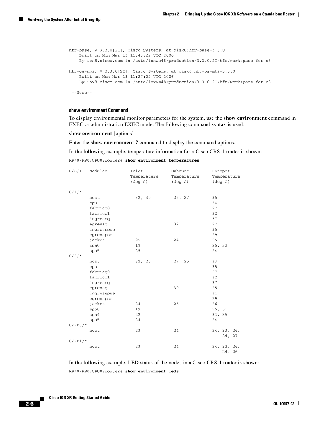 Cisco Systems Cisco IOS XR manual Show environment Command, Show environment options 