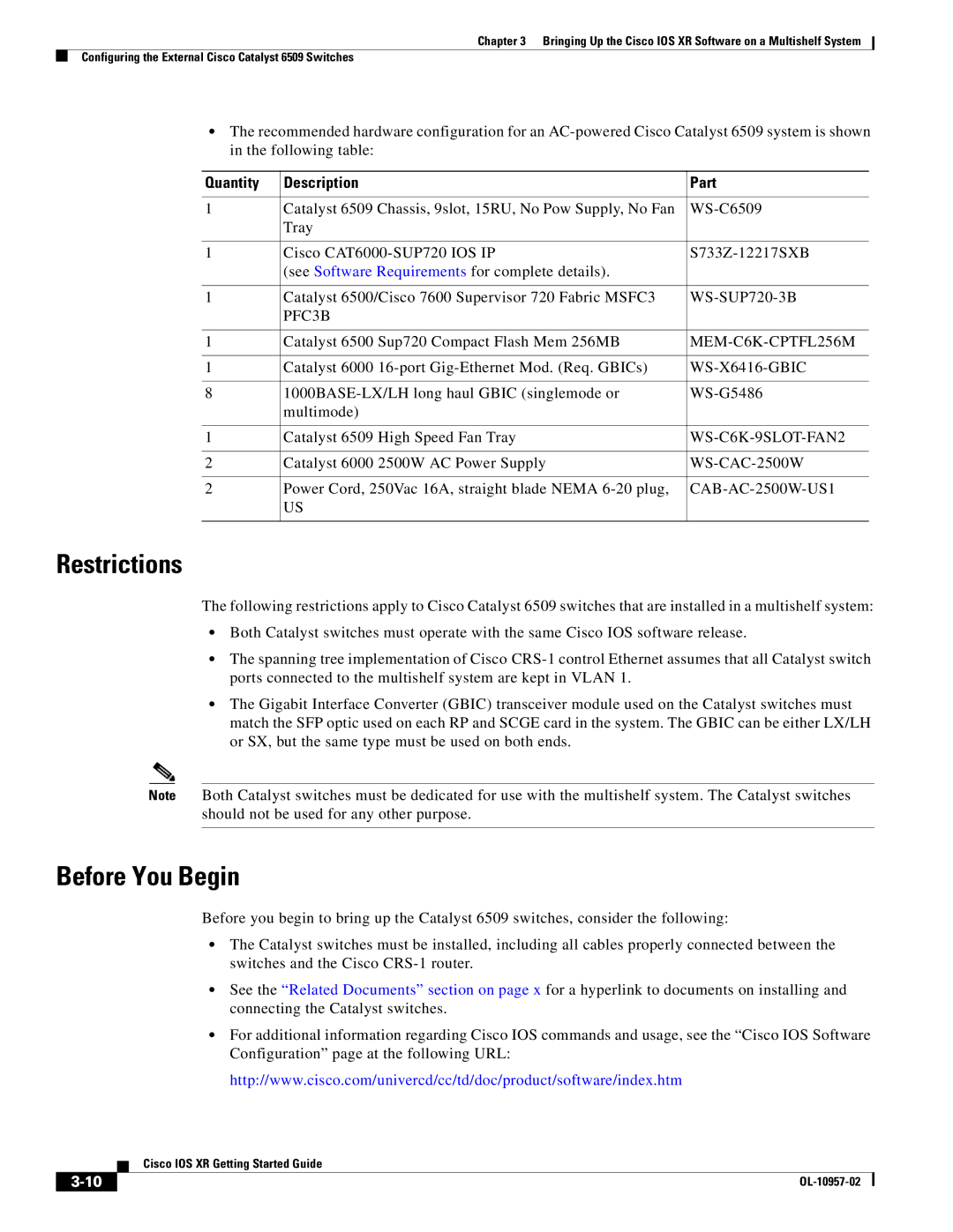 Cisco Systems Cisco IOS XR manual Restrictions, Before You Begin, Quantity Description Part 