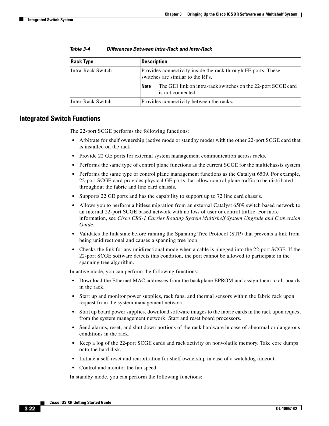 Cisco Systems Cisco IOS XR manual Integrated Switch Functions, Rack Type Description 