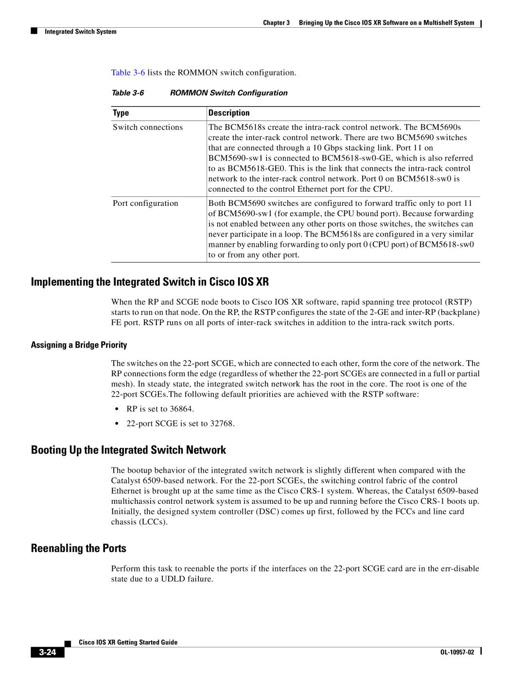 Cisco Systems manual Implementing the Integrated Switch in Cisco IOS XR, Booting Up the Integrated Switch Network 