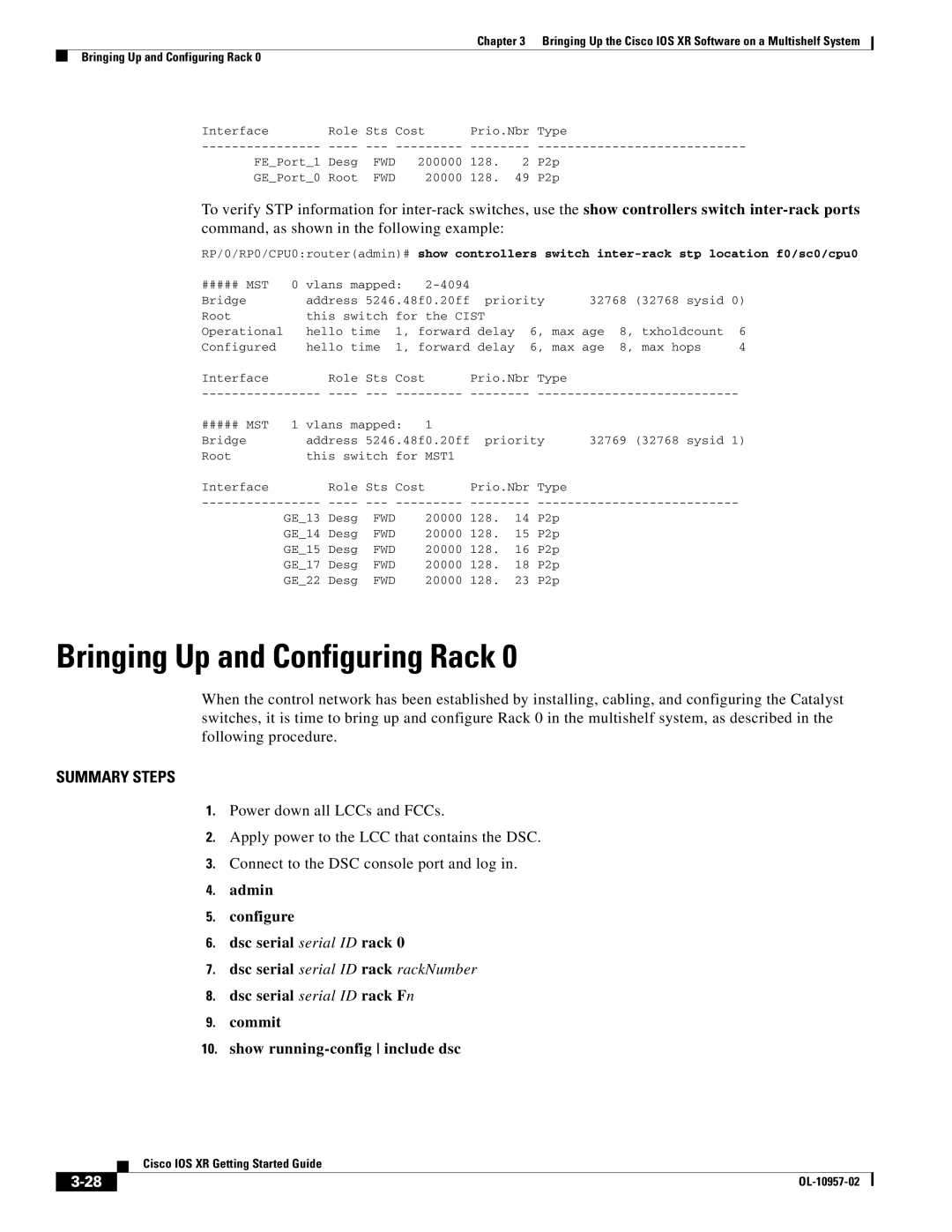 Cisco Systems Cisco IOS XR manual Bringing Up and Configuring Rack, Admin Configure Dsc serial serial ID rack 