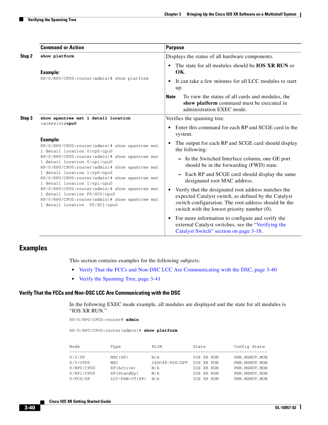 Cisco Systems Cisco IOS XR Displays the status of all hardware components, State for all modules should be IOS XR RUN or 