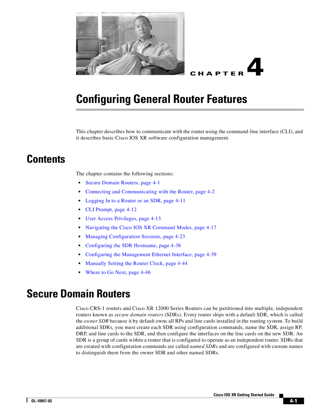 Cisco Systems Cisco IOS XR manual Secure Domain Routers, Chapter contains the following sections 