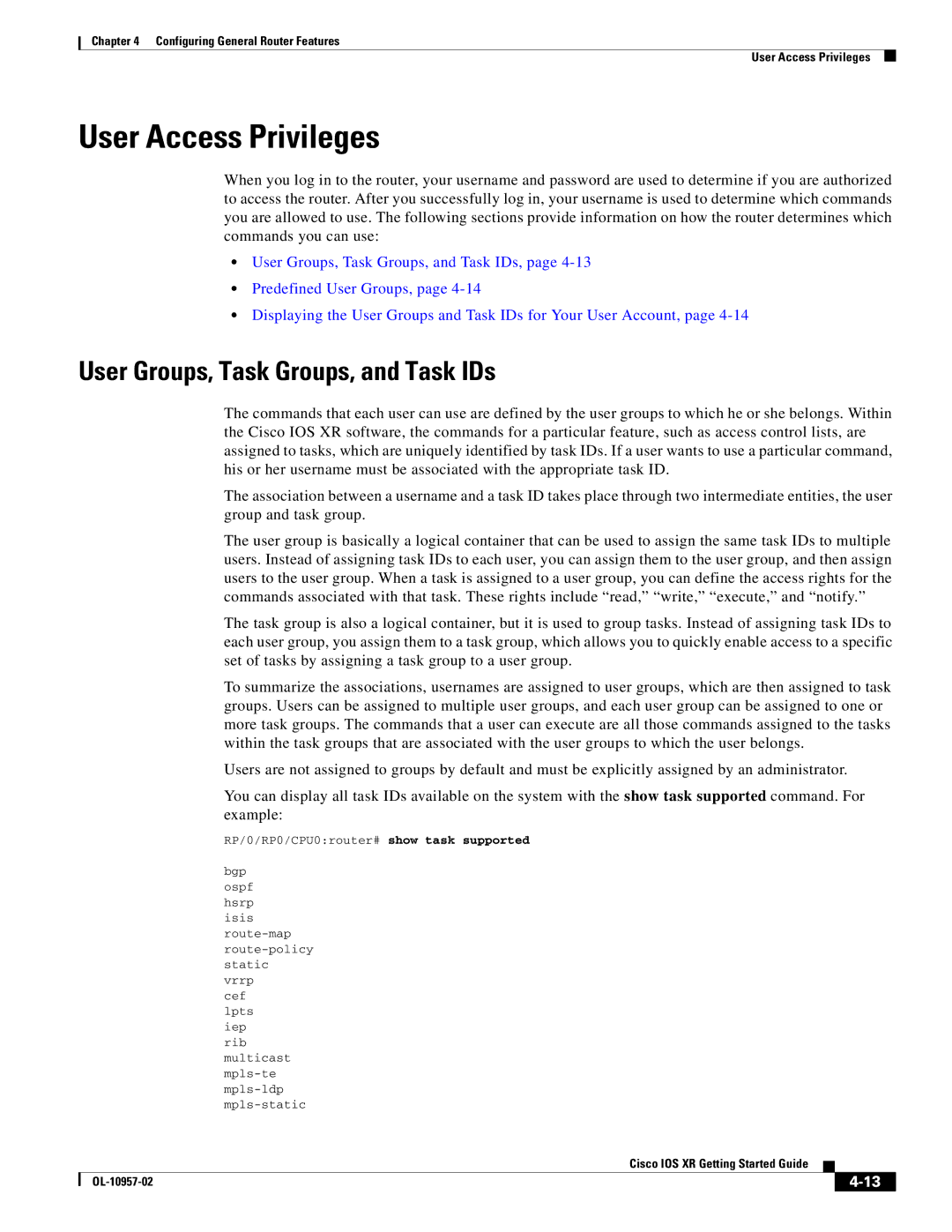 Cisco Systems Cisco IOS XR manual User Access Privileges, User Groups, Task Groups, and Task IDs 